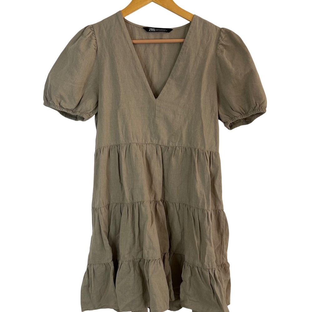 Zara Olive Green Puff-Sleeve Mini Dress